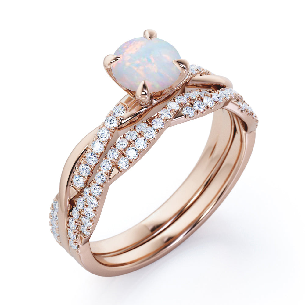 Infinity twist 1.45 carat Round cut natural Ethiopian Opal and diamond Art deco Wedding Bridal ring set in White gold