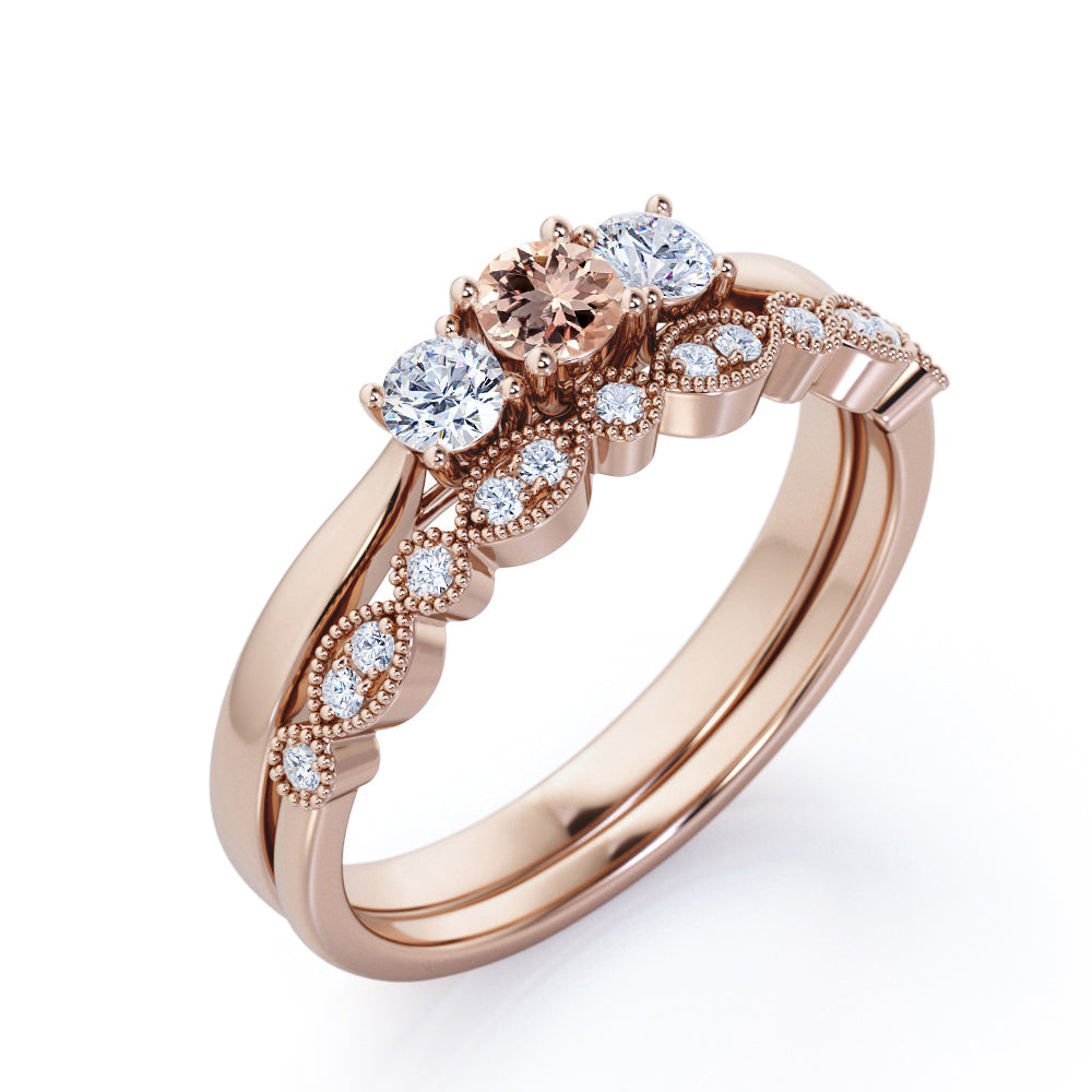 Antique Trilogy 0.8 carat Round cut Peach Pink Morganite and diamond Milgrain wedding ring set in White gold