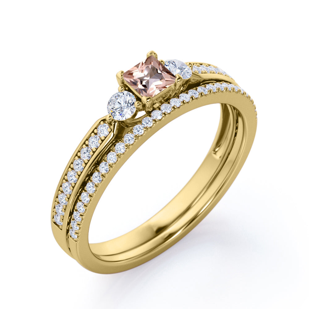 Antique trio 1 carat Princess cut Pink Morganite and pave diamonds eternity wedding ring set for her in Rose gold