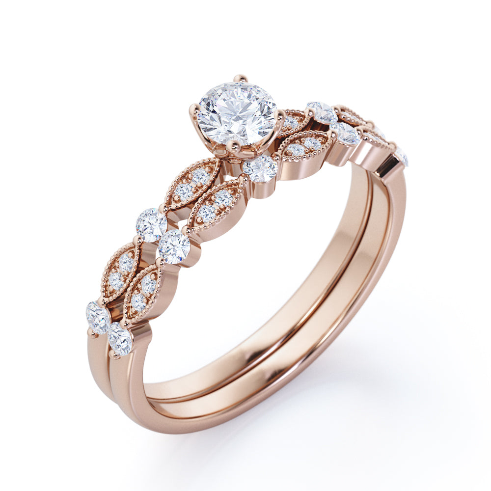 Antique art deco inspired 1 carat Round cut Moissanite and diamond marquise and dot Bridal set for women in Yellow gold