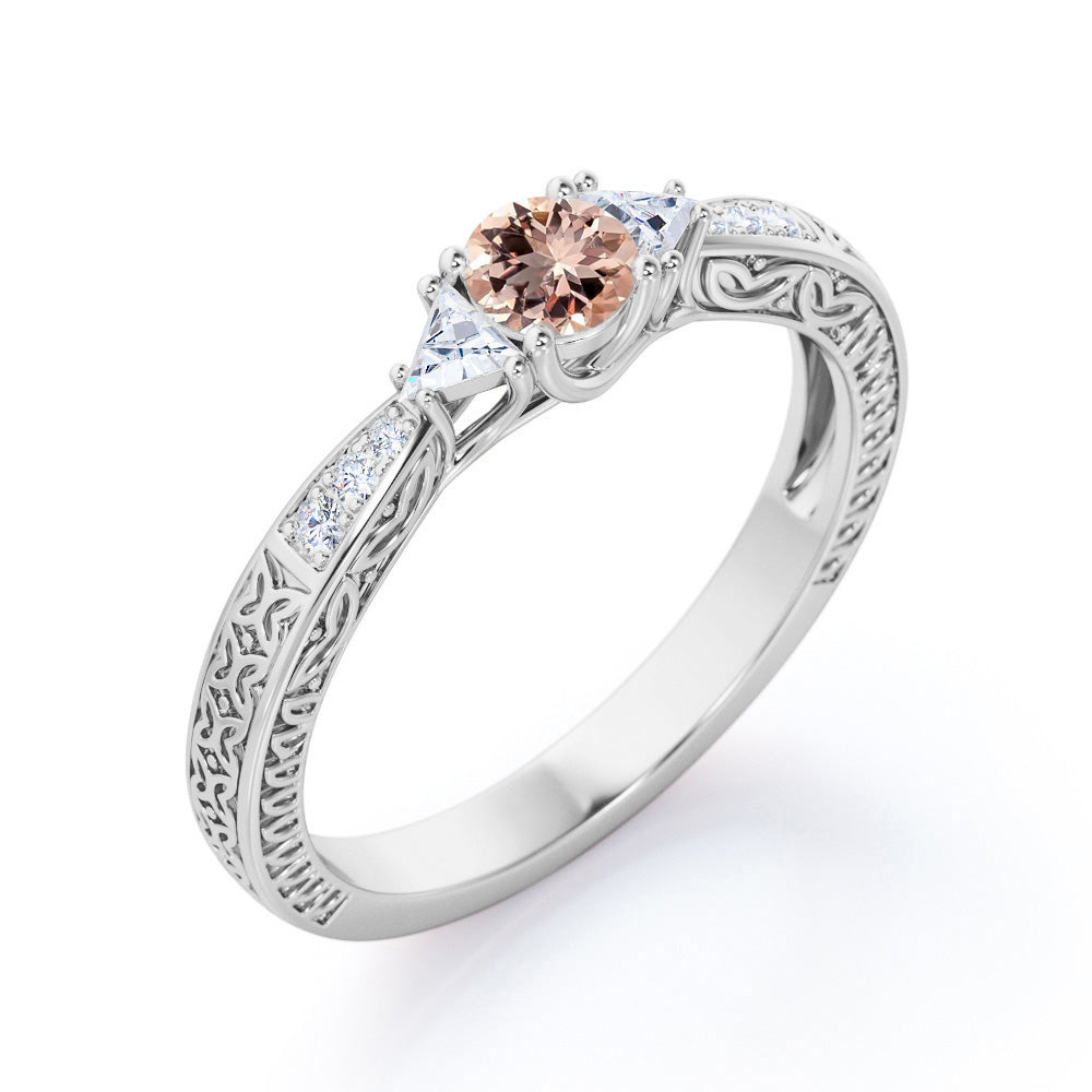 Trillion 0.75 carat Round cut Peach Morganite and diamond vintage baguette engagement ring in Yellow gold