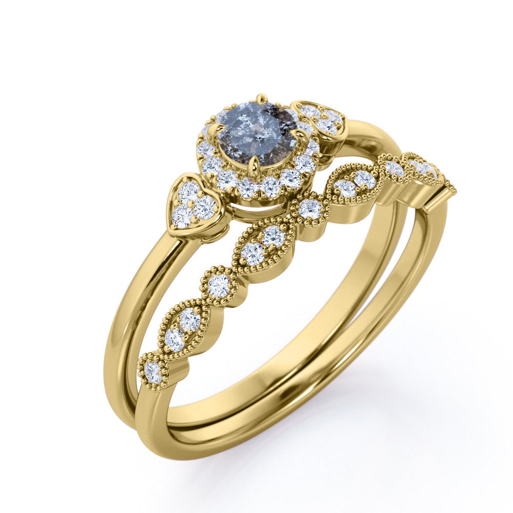 Lovely hearts 0.85 carat Round cut Salt and pepper diamond and white diamond milgrain and halo engagement ring in Rose gold