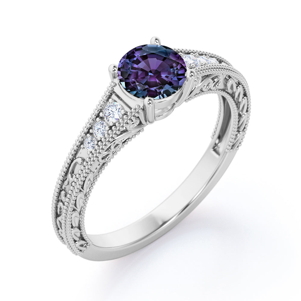 Antique art nouveau 1.1 carat Round cut Synthetic Alexandrite and diamond engagement ring in Rose gold
