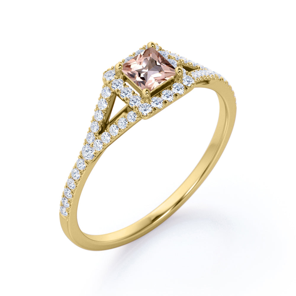 Pave shank 1 carat Princess cut Morganite and diamond eternity halo engagement ring in White gold