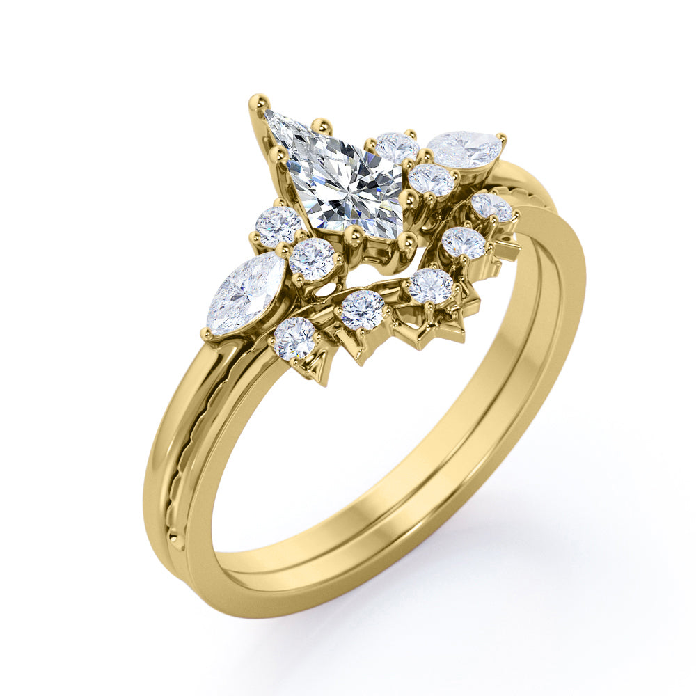 Vintage Royal inspired 1.35 carat Kite shaped Moissanite and diamond art deco wedding ring set in White gold