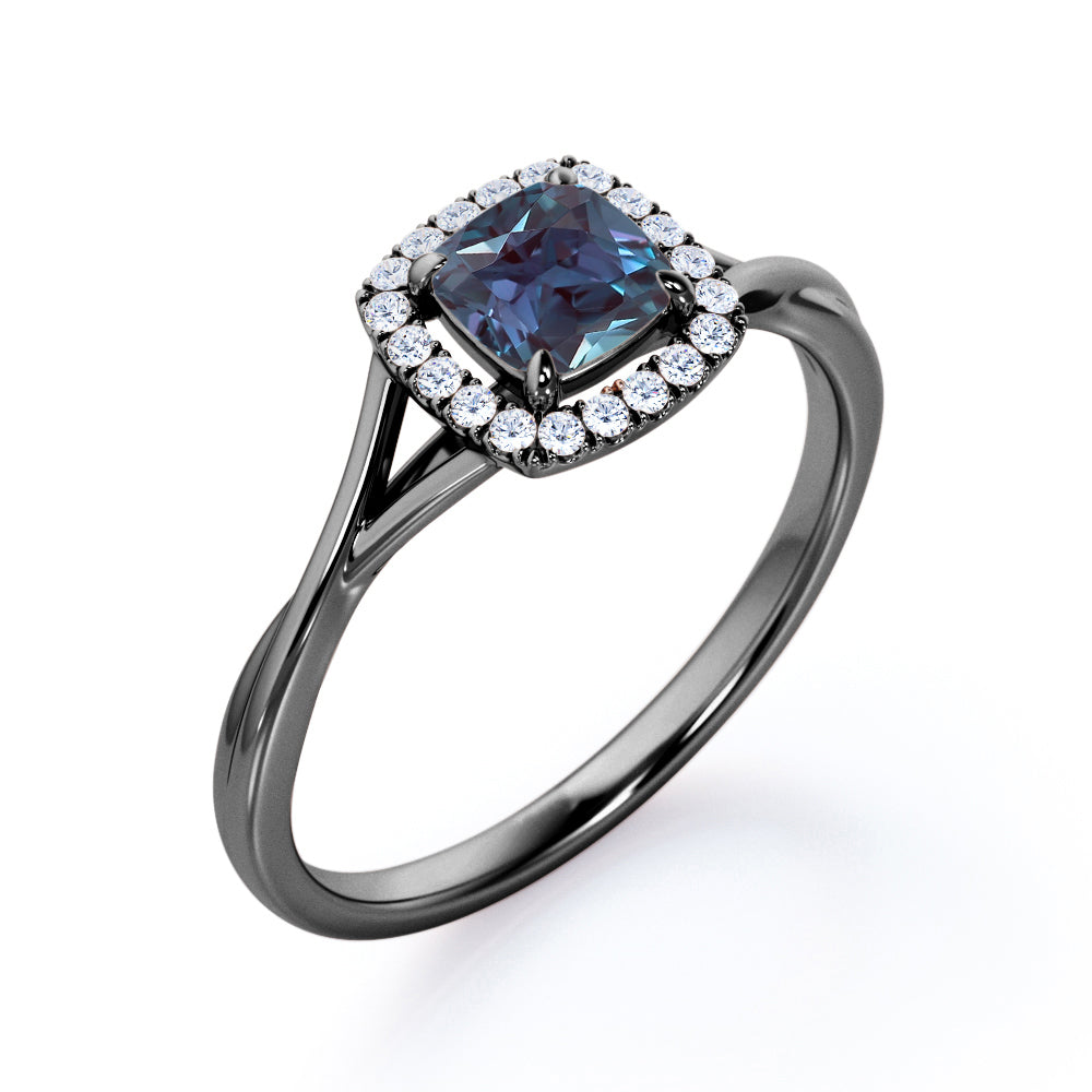 Eccentric Split Shank 1.25 carat Cushion Cut Lab made Alexandrite and diamond vintage inspired engagement ring in Rose gold