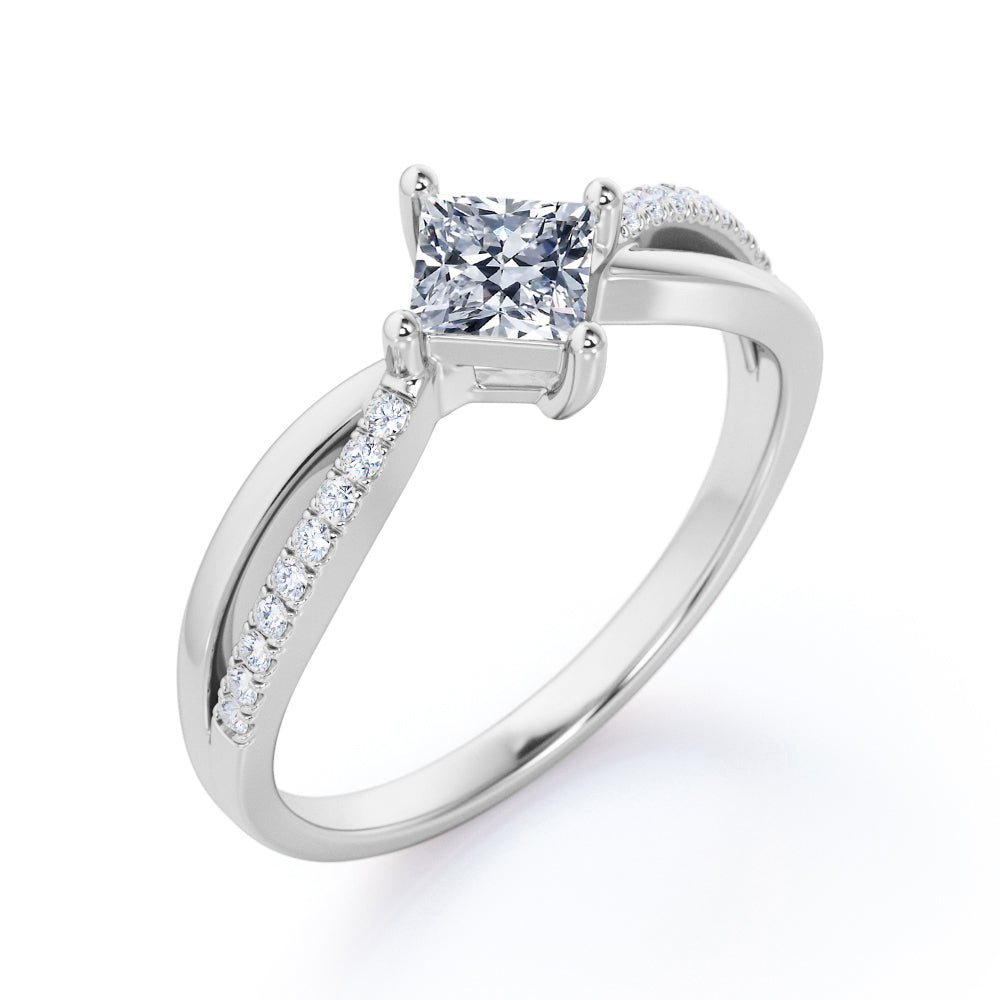 Modern 1.15 carat Princess cut Moissanite and diamond-compass four prong-split shank engagement ring for women