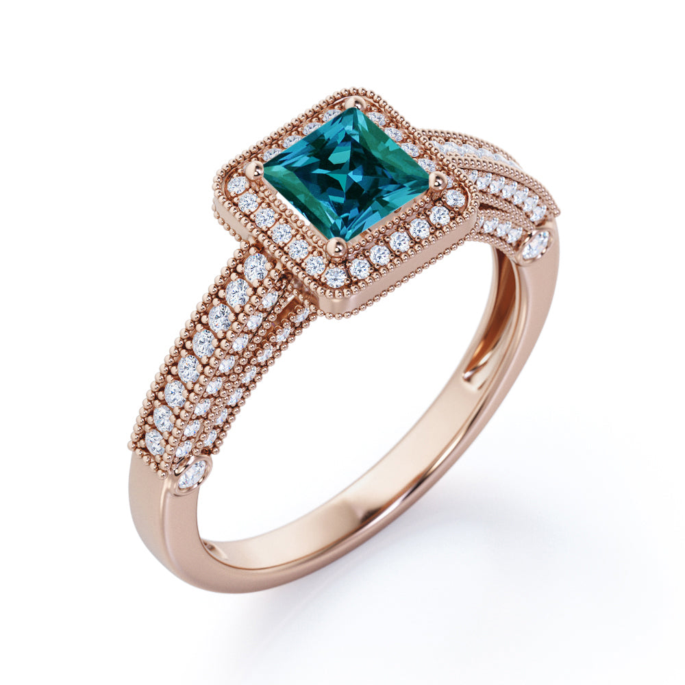 Traditional art deco 1.5 carat Princess cut lab created Alexandrite and diamond vintage beaded engagement ring in Black gold