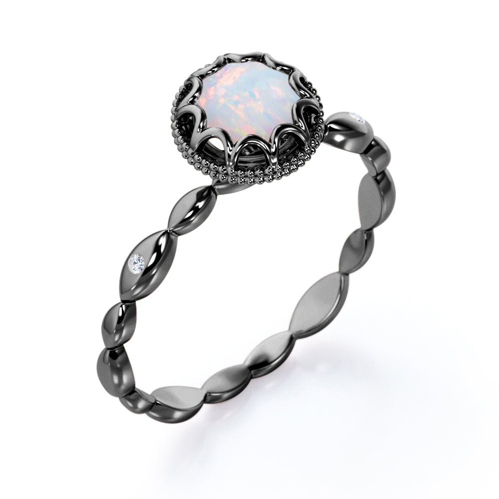 Scalloped halo 1 carat Round cut Ethiopian Opal milgrain edge engagement ring in Rose gold