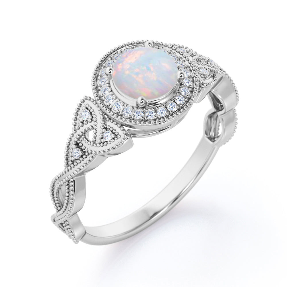Grandiose 1.30 carat Round cut Ethiopian Opal and diamond twisted infinity halo engagement ring in White gold