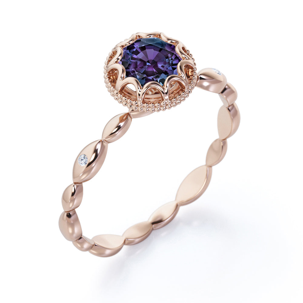 Vintage Scalloped 0.5 carat Round cut Synthetic Alexandrite and diamond milgrain halo engagement ring in White gold