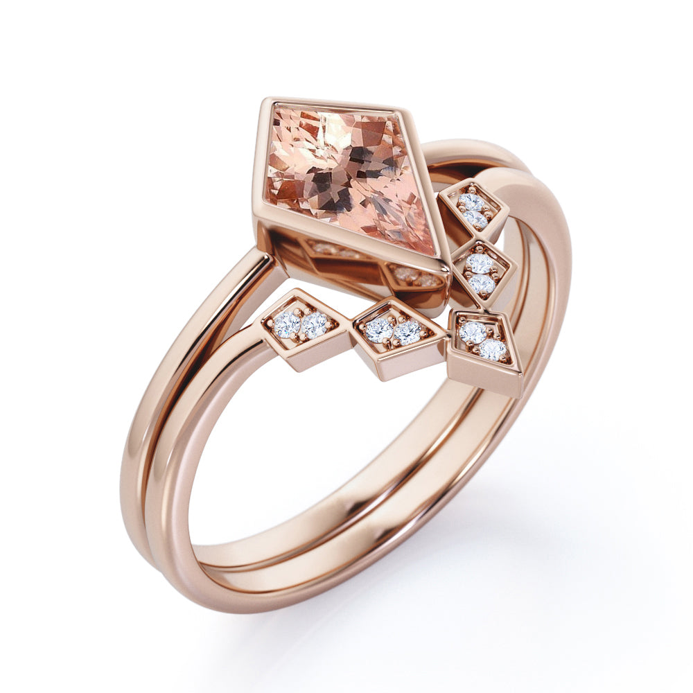 Antique Bezel Tiara 1.15 carat Kite Shaped Morganite and diamond wedding ring set for women in White gold