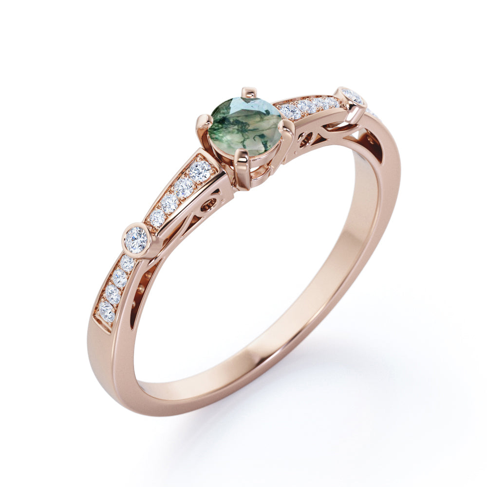 Baguette shank style 0.75 carat Round cut Moss Green Agate and diamond art deco engagement ring in White gold