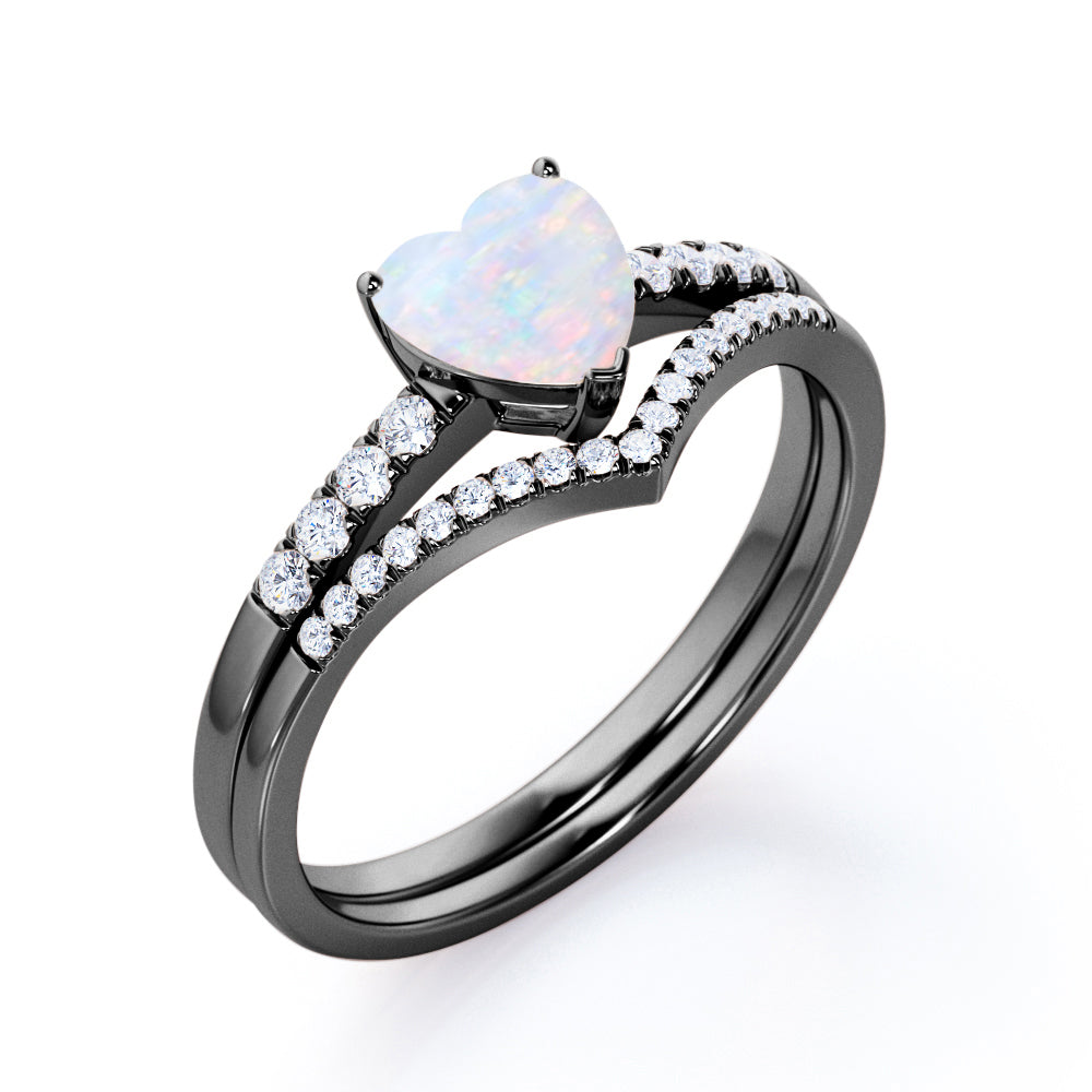 Romantic 1.30 carat Heart cut Opal and diamond-contoured-chevron wedding ring set for women in White gold