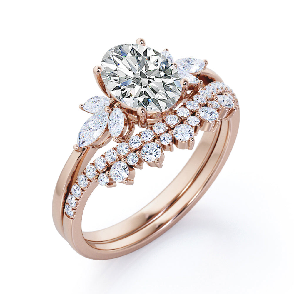 Vintage Sparkle 1.4 carat Oval cut Moissanite and diamonds chevron Bridal set for her in White gold