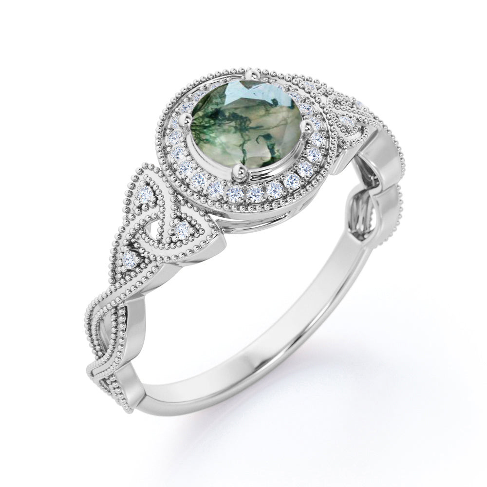 1.5 carat Round cut floral rope design Moss Green Agate and diamond halo engagement ring in Rose gold