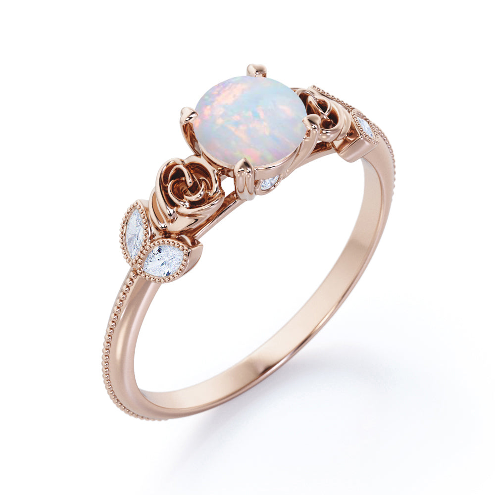 Flower inspired 1 carat Round cut Opal and marquise diamond Milgrain Edge Engagement ring in Black gold