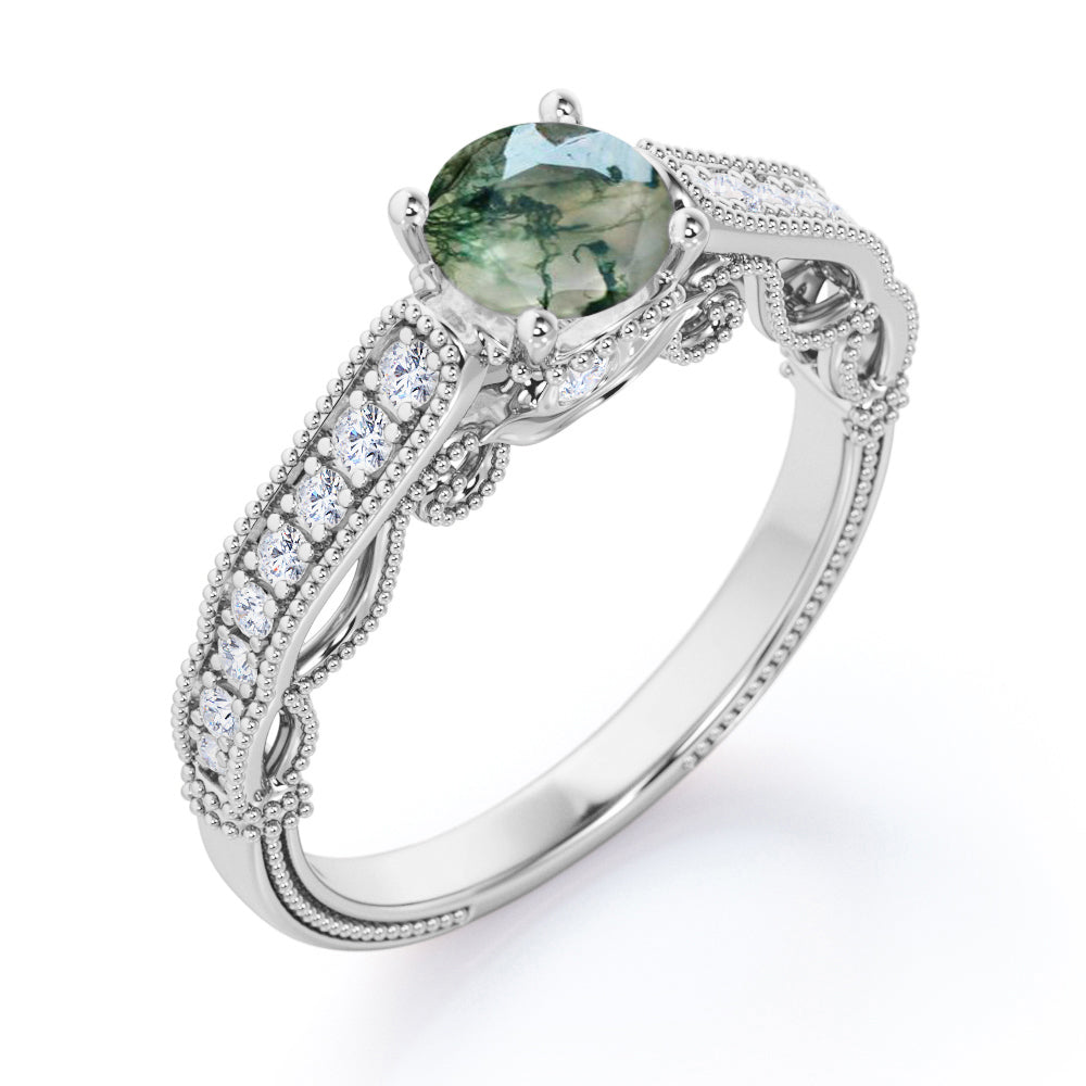 Victorian inspired filigree 1.25 carat Round cut Moss Green Agate and diamond milgrain engagement ring in Black gold