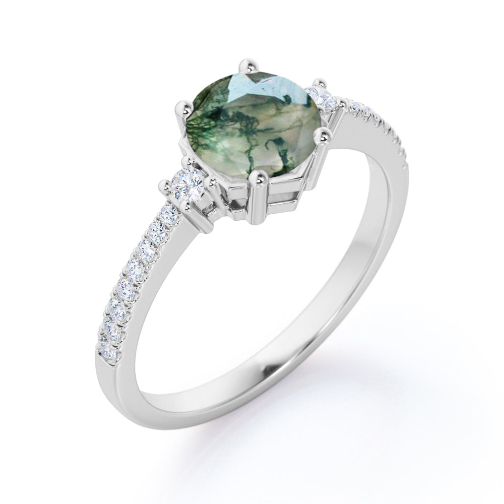 1.35 carat Round cut Moss Agate and diamond trinity pave engagement ring in Yellow gold
