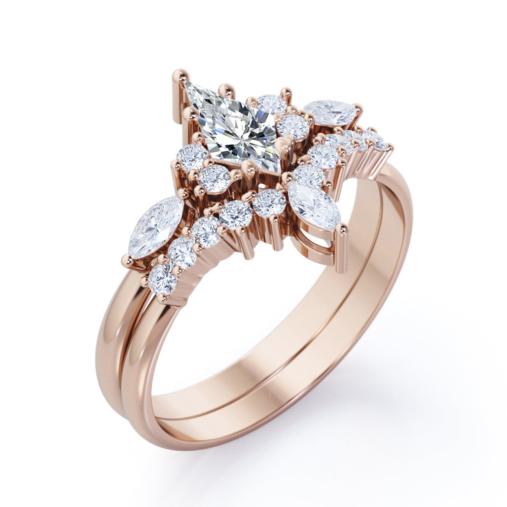 Boho inspired 1.5 carat Kite shaped Moissanite and diamond chevron wedding ring set in yellow gold