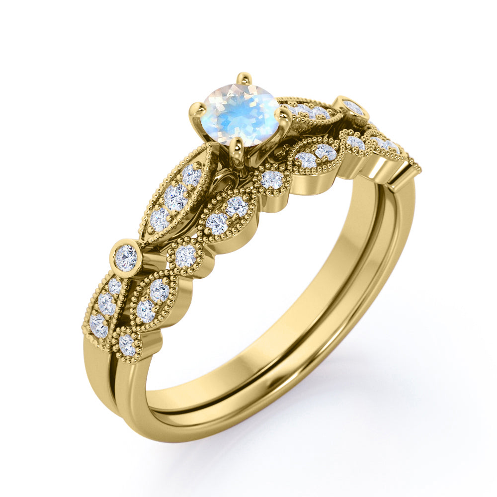 Double Milgrain 1.5 carat Round cut Rainbow Moonstone and diamond cathedral pave engagement ring in White gold