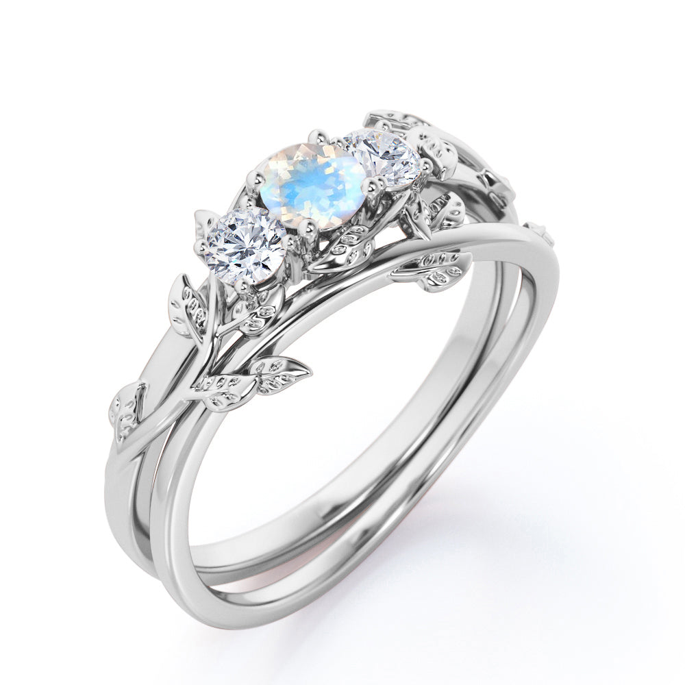 Nature inspired Round cut 0.65 carat Moonstone and diamond Trio stone Bridal ring set for women in gold
