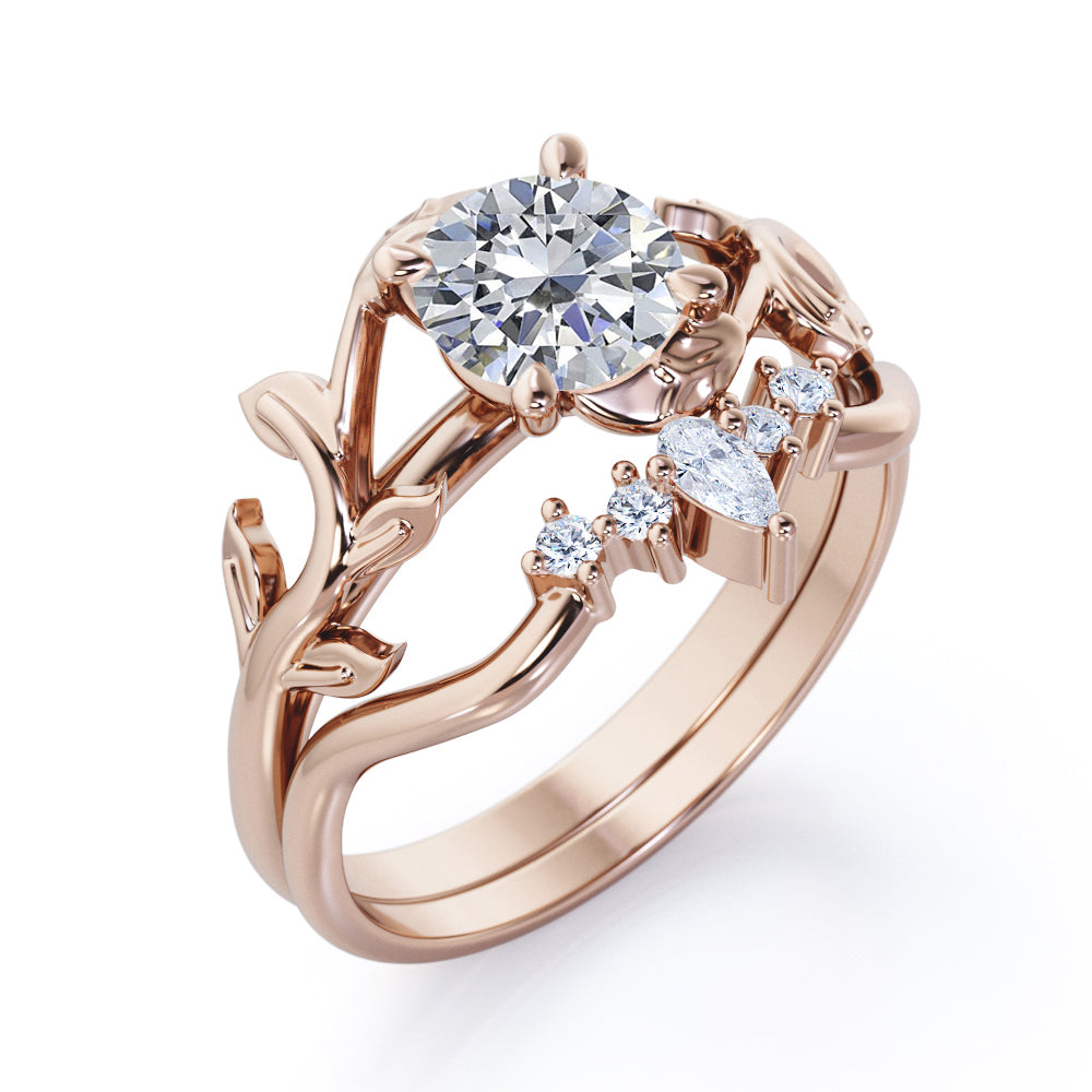 Chevron crown 1.15 carat Round cut Moissanite and diamond nature inspired wedding ring set in White gold