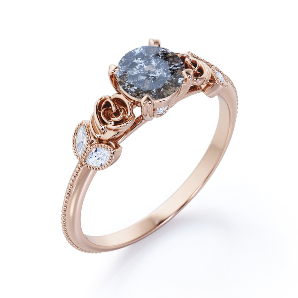 Vintage Flower 0.6 carat Round cut Salt and pepper diamond and White diamond marquise milgrain engagement ring in Black gold
