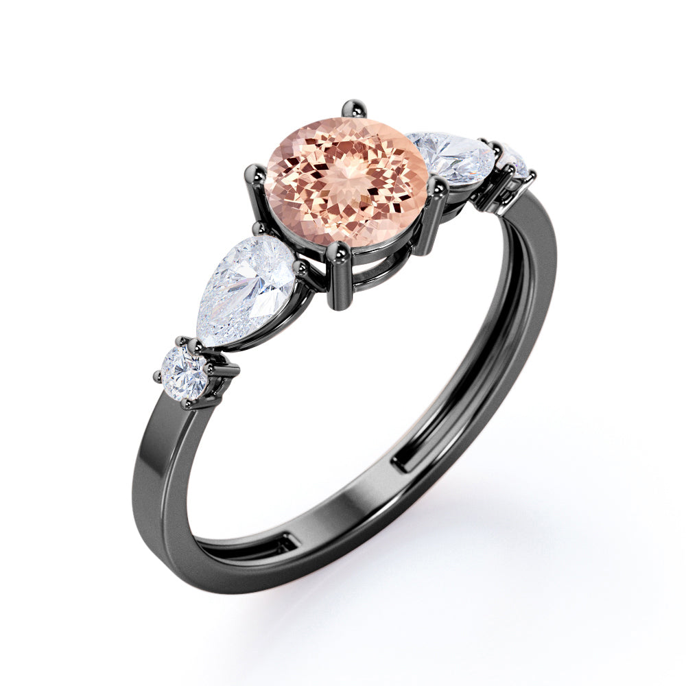 5 lucky stones 1.2 carat Round cut Peach Morganite and diamond antique engagement ring in Rose gold