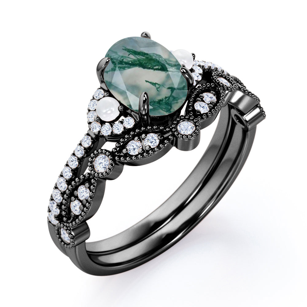 Victorian style Milgrain 1.55 carat Oval cut Moss Green Agate, diamond and pearl art nouveau Bridal set for women in Rose gold