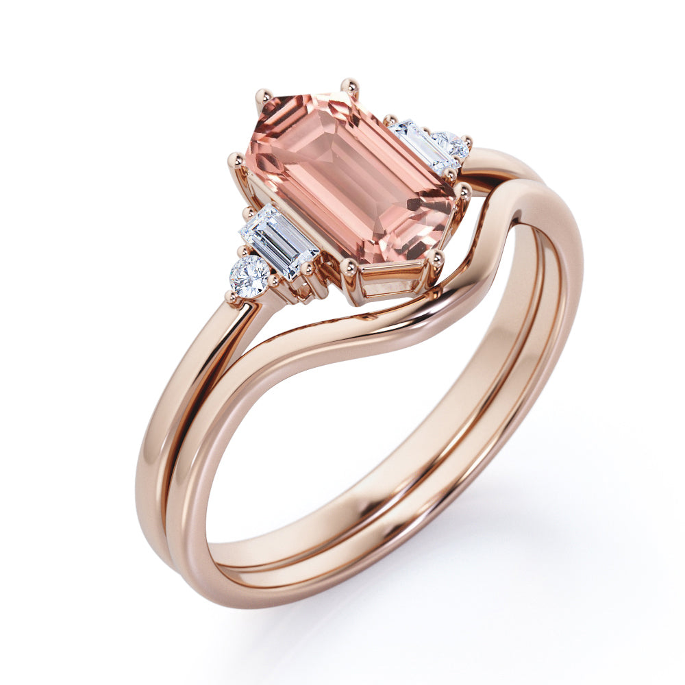 Simple Contoured 1.1 carat Hexagon cut Morganite and diamond 6 prong engagement ring in White gold
