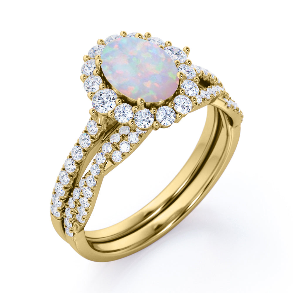 Infinity 1.75 carat Flower-shaped Ethiopian Opal and diamond Wedding ring set for her in White gold