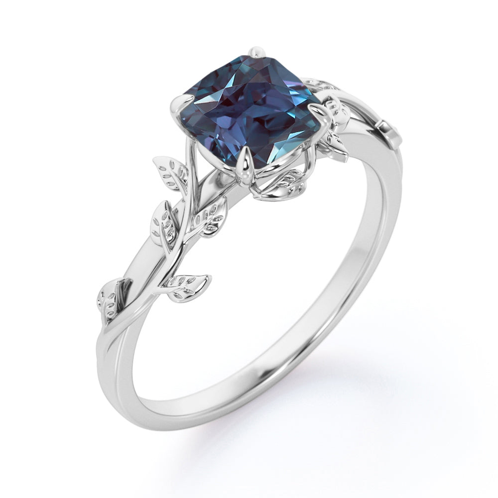 Solitaire 1 carat Cushion cut Synthetic Alexandrite and diamond floral wedding ring set for women in gold