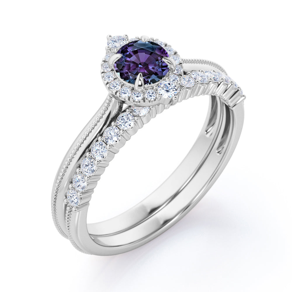 Petite Halo 0.75 carat Round cut Lab created Alexandrite and diamond Milgrain Edge and Pave set wedding ring set for women in White gold