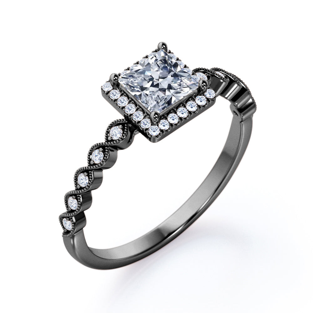 Princess Halo 1.35 carat square cut Moissanite and diamond vintage engagement ring in White gold