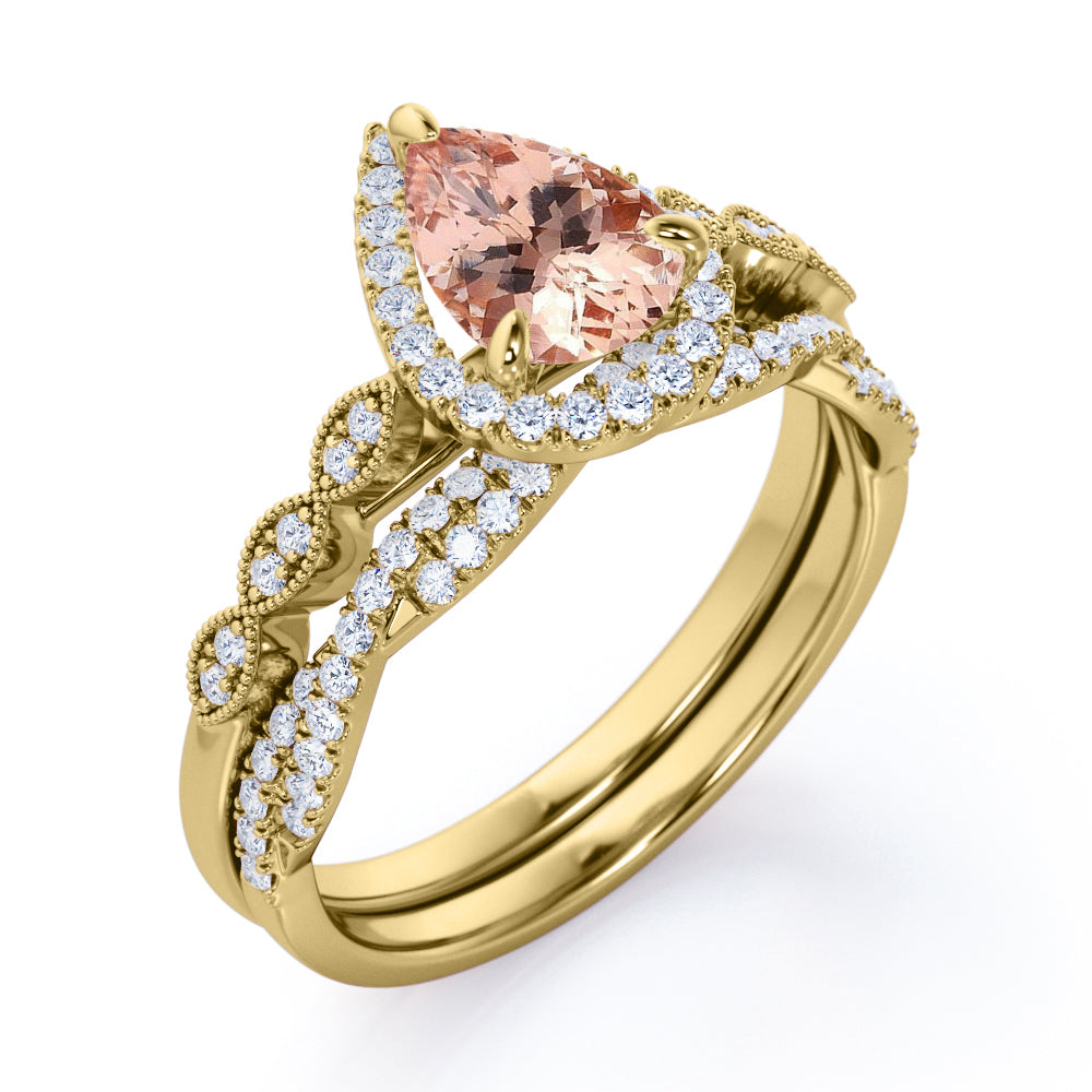 Pear Halo 1.75 carat Tear drop Morganite and diamond Milgrain and infinity wedding ring set for her