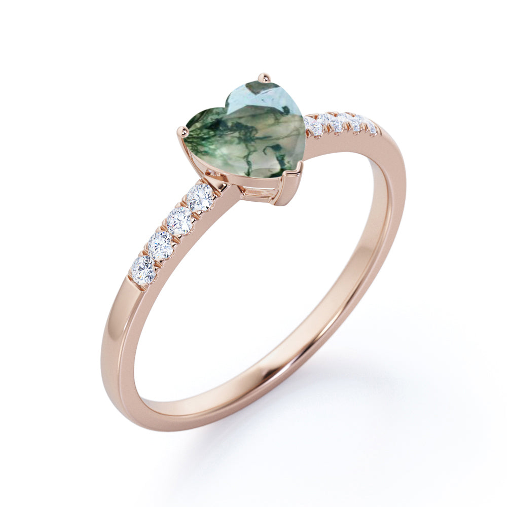 Vintage Pave 1.2 carat heart shaped Moss Green Agate and diamond eternity engagement ring in Black gold