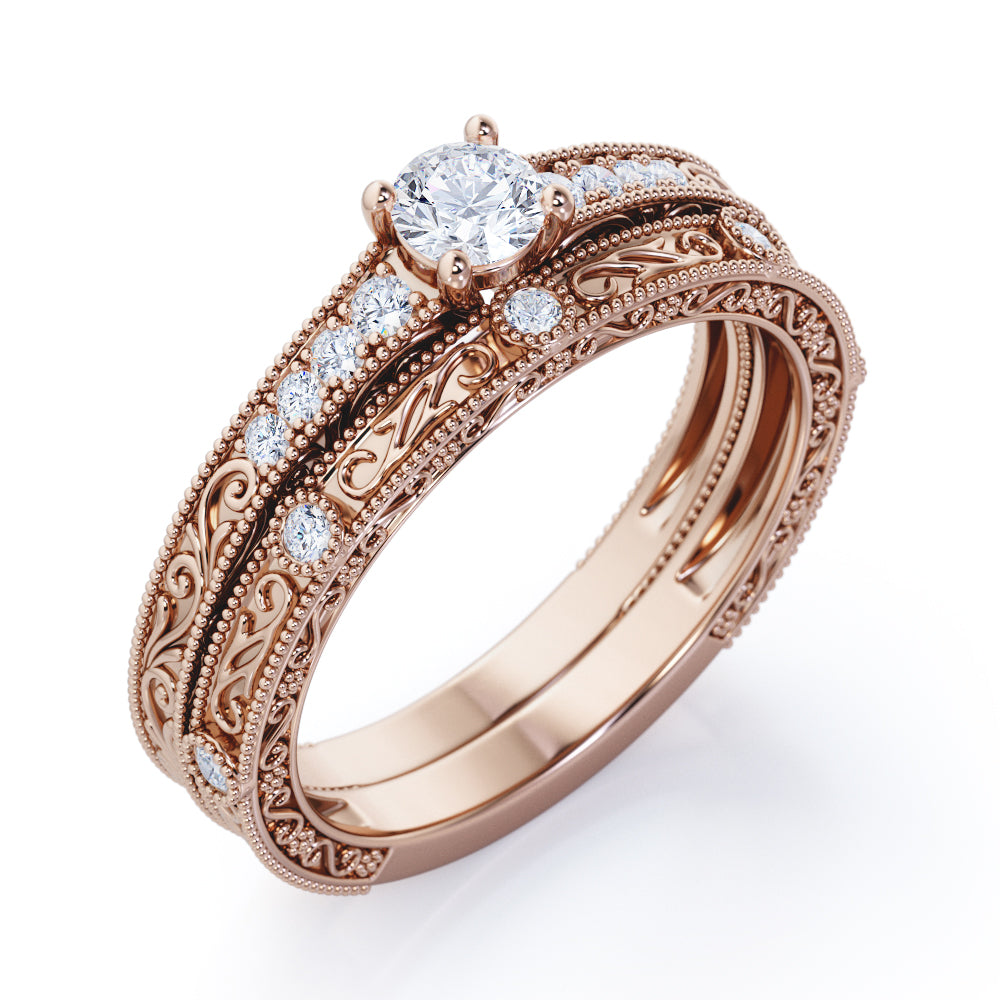 Authentic Victorian filigree 0.75 carat Round cut Moissanite and diamond Bridal set in White gold