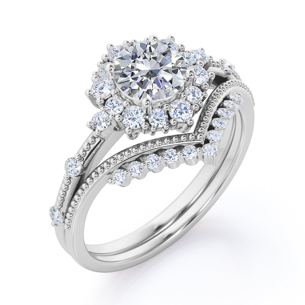 Milgrain Chevron 1.3 carat Round cut Moissanite and diamond art deco inspired wedding ring set for her in Black gold