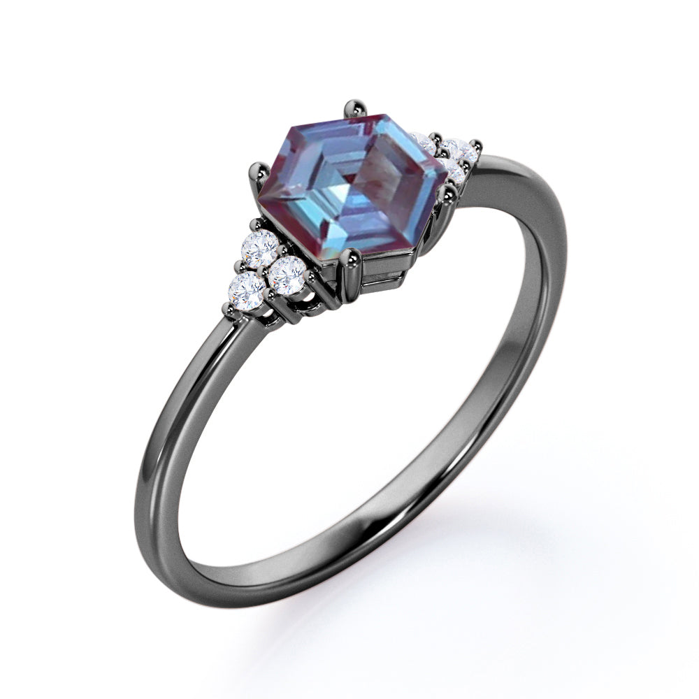 Quadrilateral Prong 0.55 carat Alexandrite and diamond seven stone engagement ring in Black gold