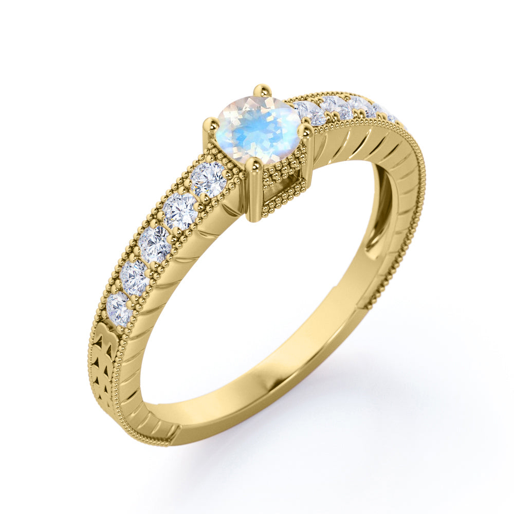 Vintage Beaded 1.25 carat Round cut Blue Moonstone and pave diamond Milgrain Edge Engagement ring in White gold