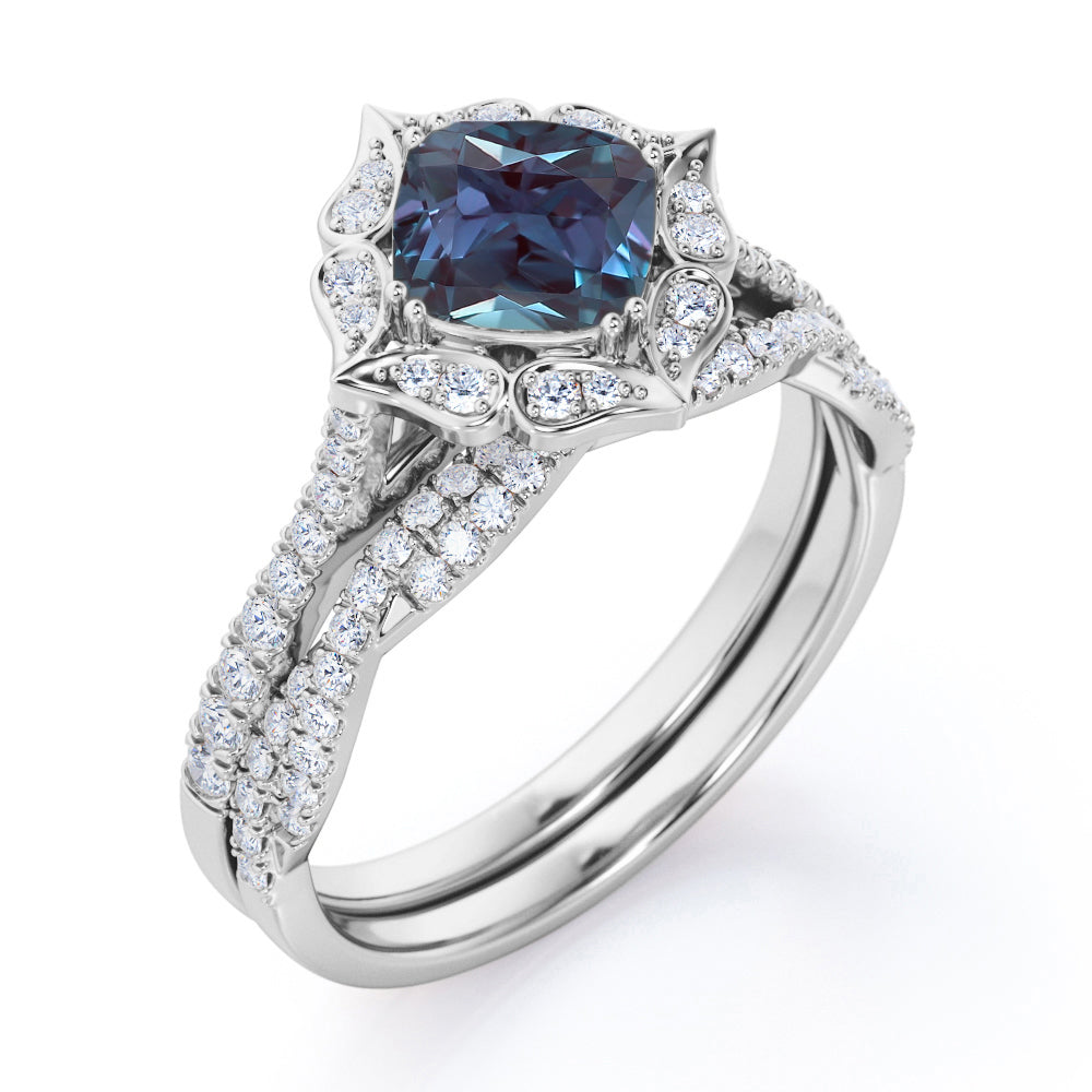 Art deco inspired 1.75 carat Cushion cut Lab created Alexandrite and diamond Large cluster wedding ring set for women