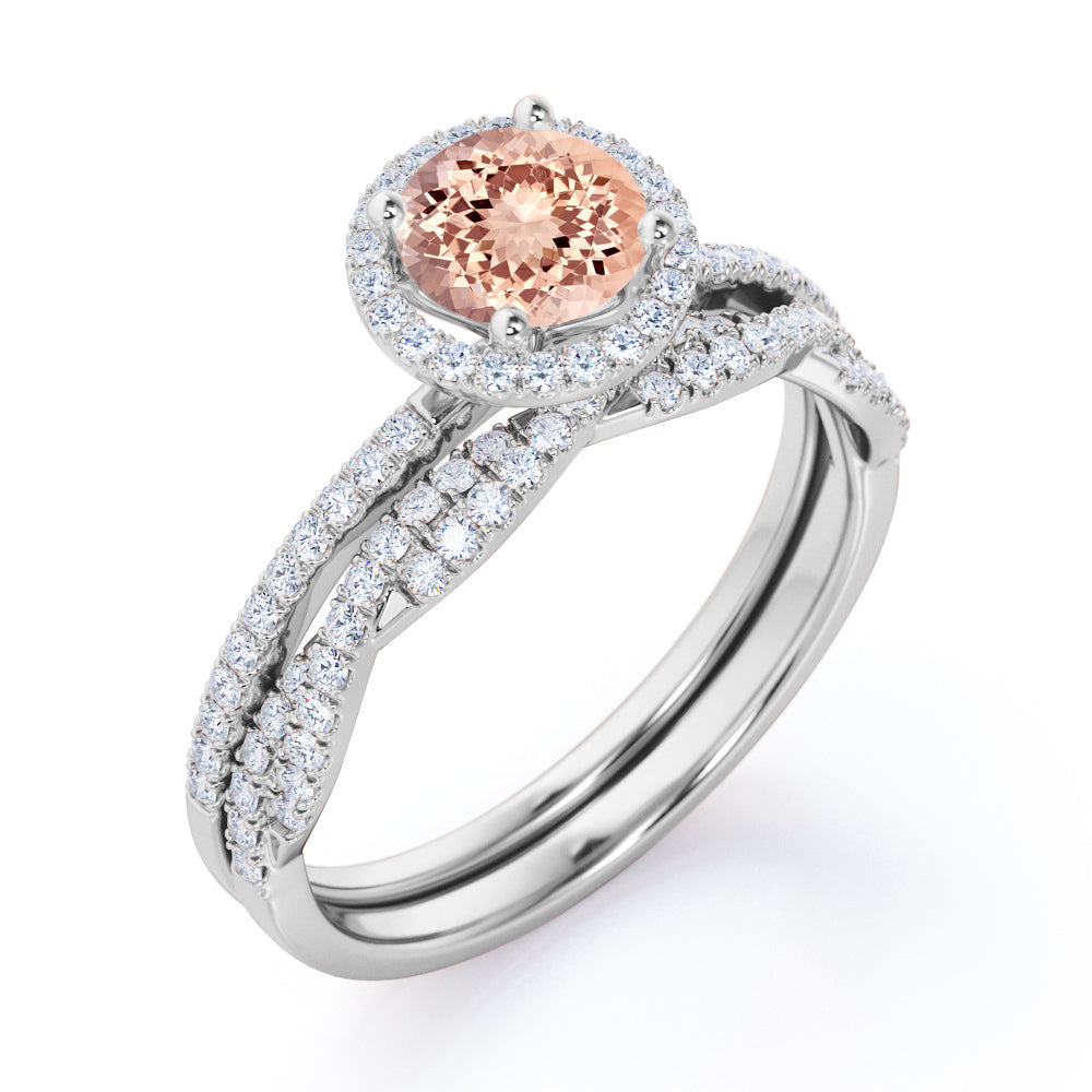 Art Deco Halo 1.65 carat Round cut Morganite and diamonds half pave infinity wedding ring set in White gold
