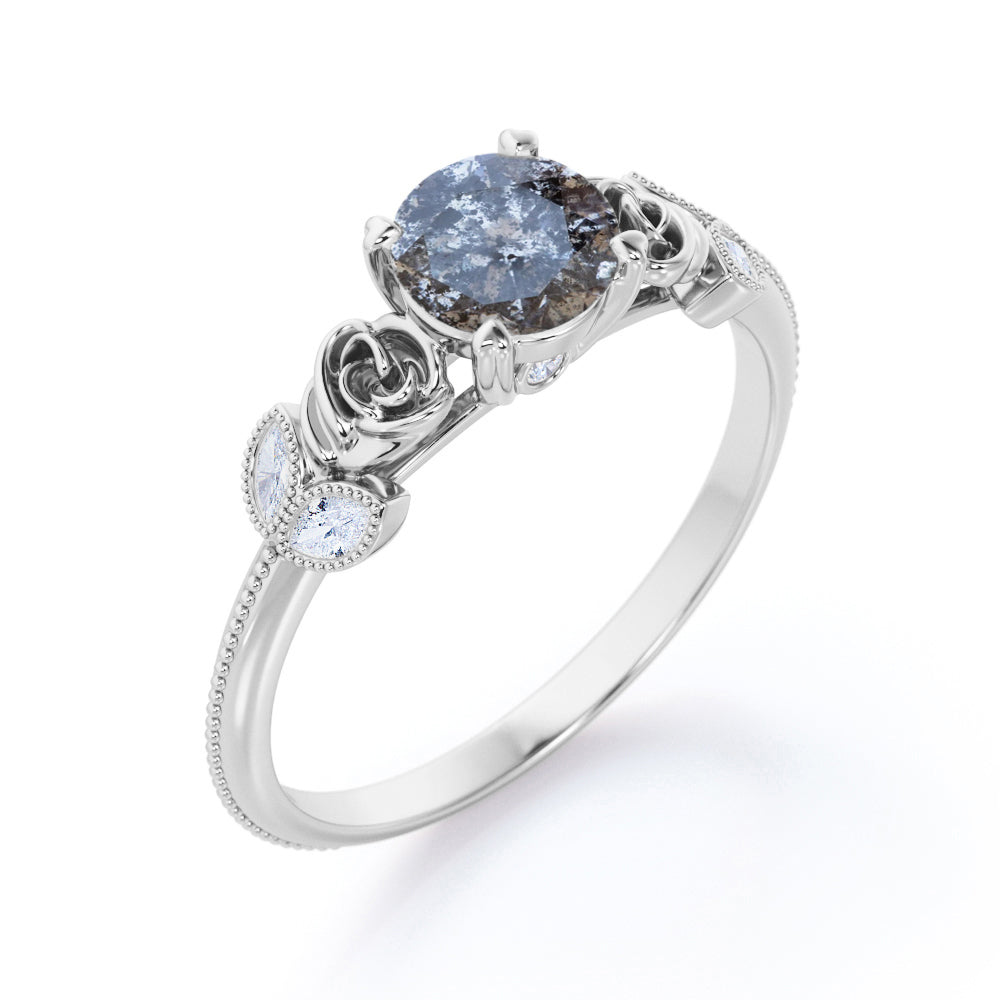 Vintage Flower 0.6 carat Round cut Salt and pepper diamond and White diamond marquise milgrain engagement ring in Black gold