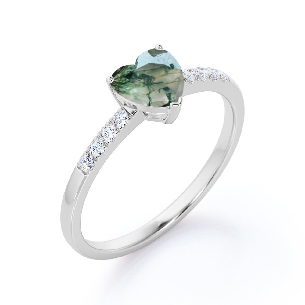 Vintage Pave 1.2 carat heart shaped Moss Green Agate and diamond eternity engagement ring in Black gold