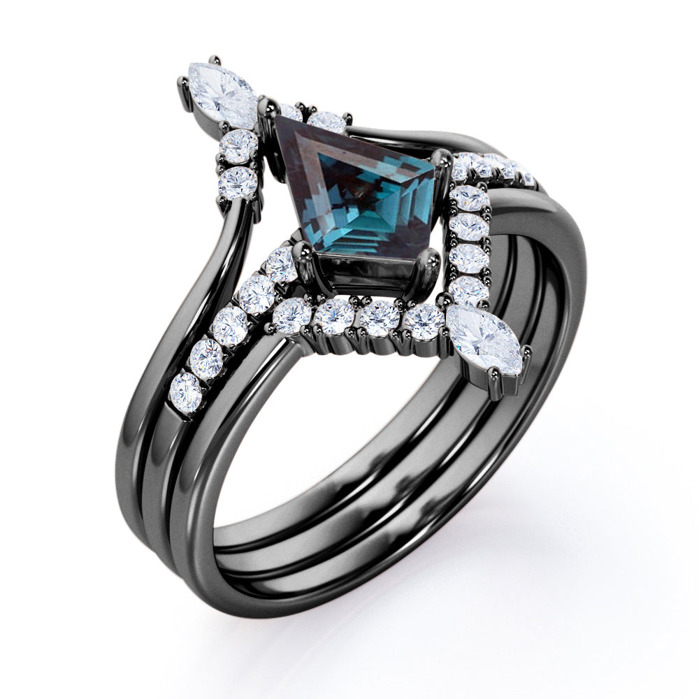 Tiara Chevron 1.35 carat Kite shaped Lab created Alexandrite and diamond trio wedding ring set in White gold