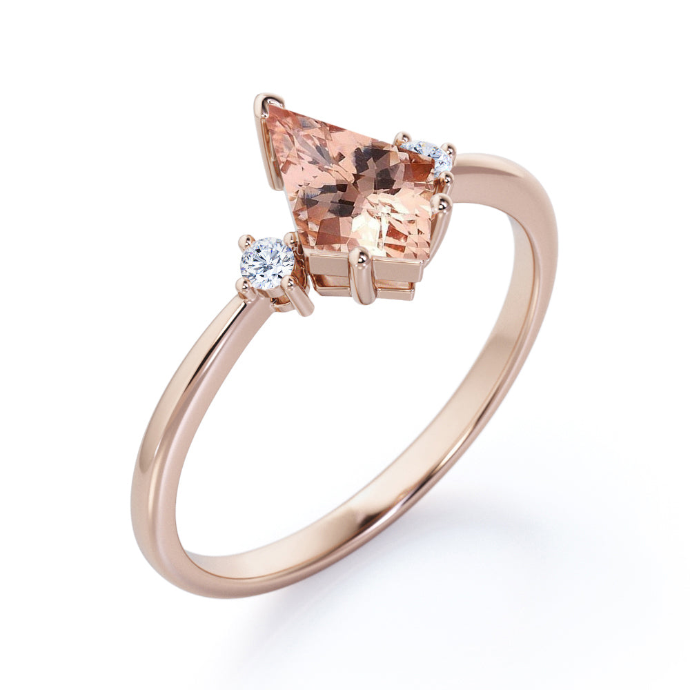 Unique three stone 1.1 carat Kite cut Morganite and diamond past, present, future engagement ring in Black gold