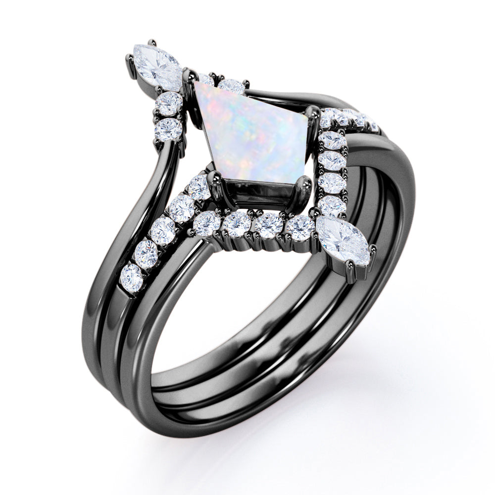 Artistic Chevron 1.5 carat Kite shaped Ethiopian Opal and diamond V-shaped trio wedding ring set for women in Rose gold