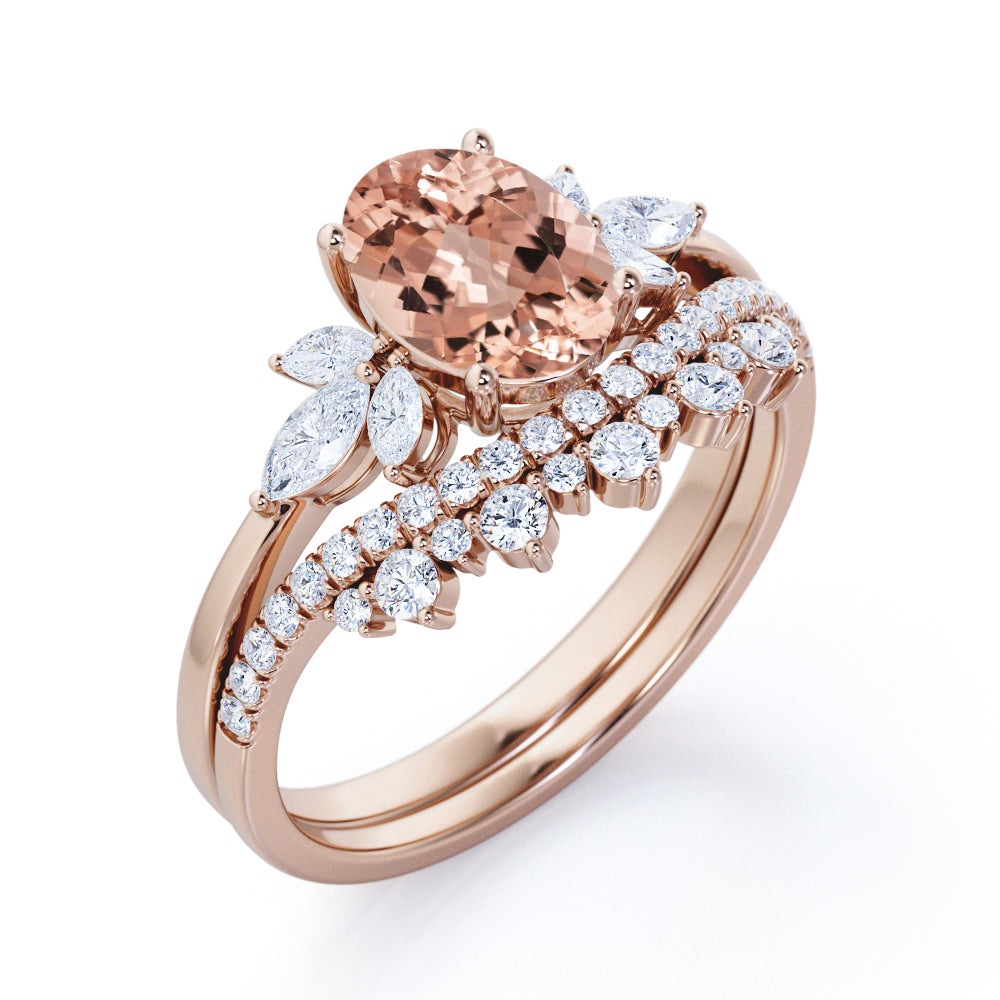 Vintage Floral 1.5 carat Oval Shaped Morganite and diamond Seven stone Contoured wedding ring set in Black gold