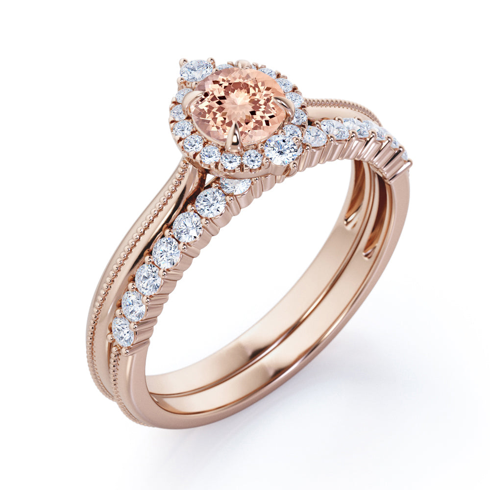 Distinctive halo 1.45 carat Round cut Pink Morganite and diamond Milgrain border engagement ring and bar set wedding band - Bridal wedding set